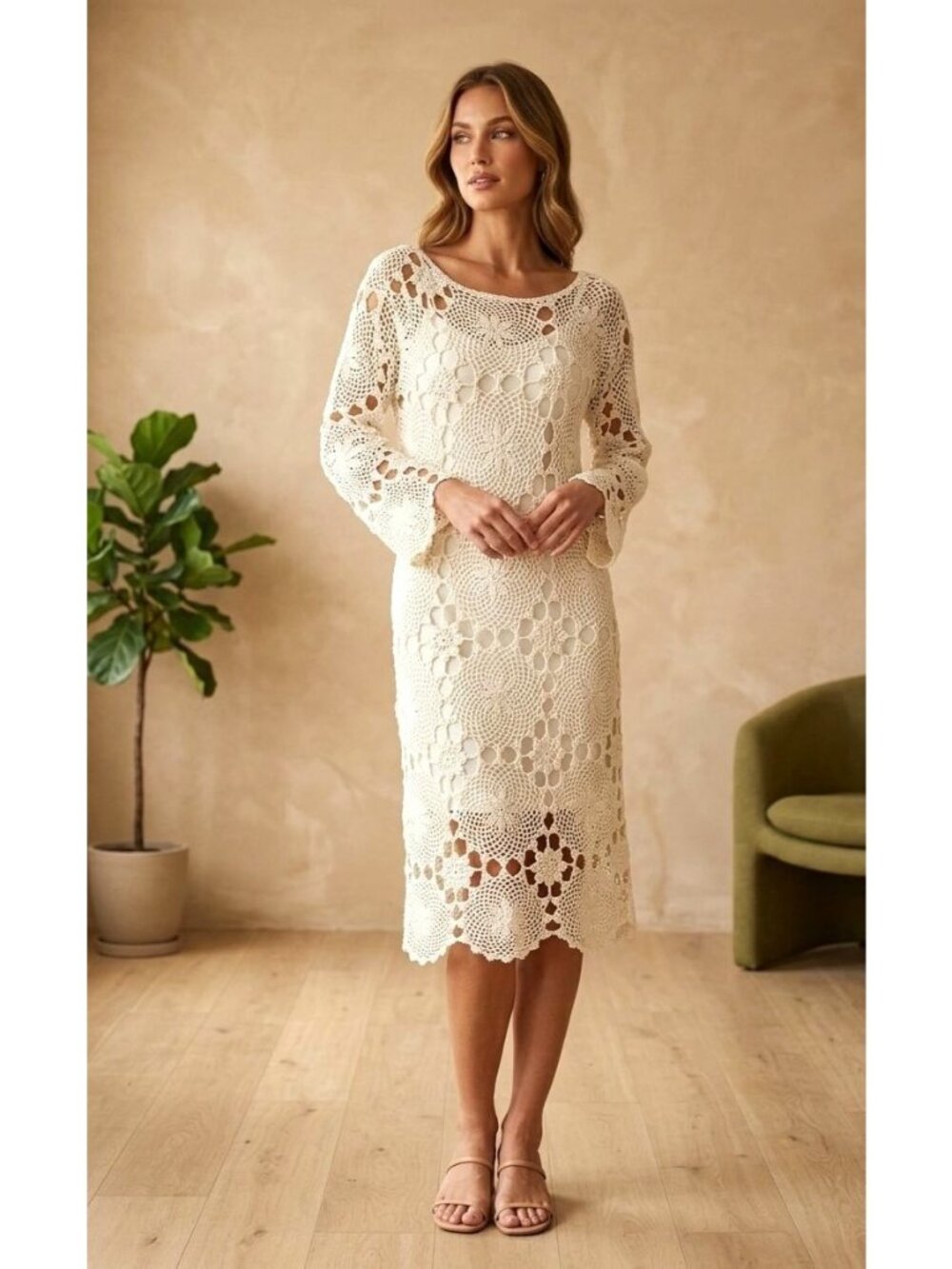 Trina Turk Crochet Dress Sz M Cream White‎ Mandala Boho Festival Coquette Resort